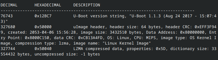 Binwalk output showing the contents of dump.bin. We got U-boot, and a Linux rootfs. Awesome.