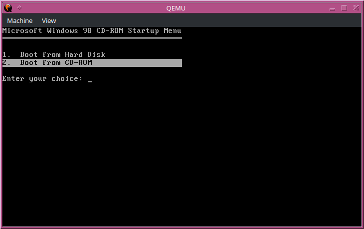 Windows 98 setup initial boot menu.
