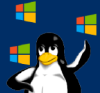 Tux the Linux Mascot Juggling a bunch of Microsoft logos. Fun!